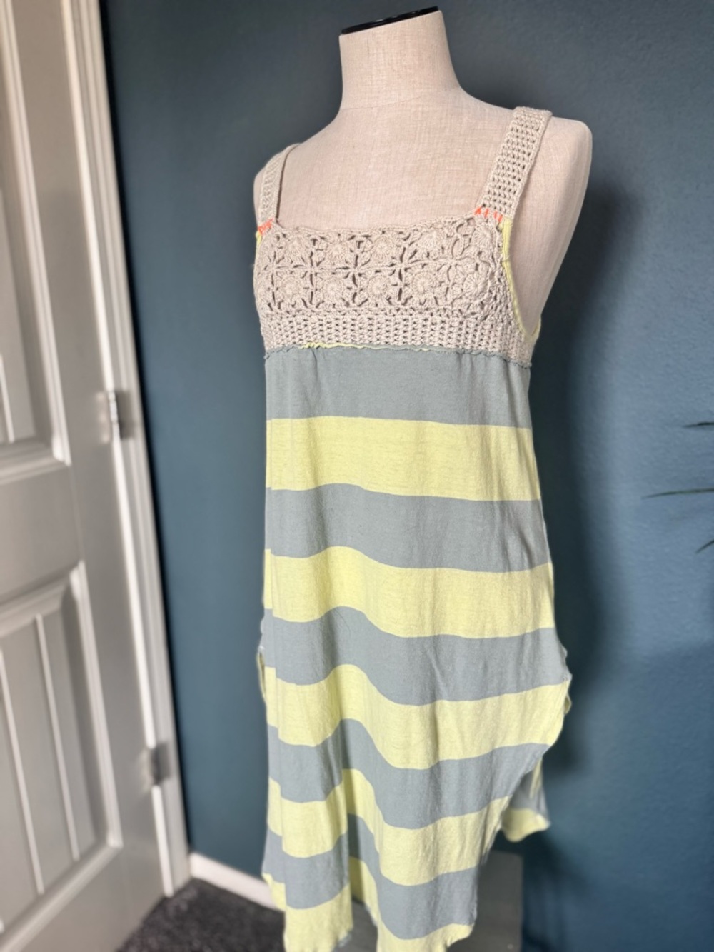 We The Free Crochet Yoke Striped Tank Dress in Pale Yellow and Light Gray